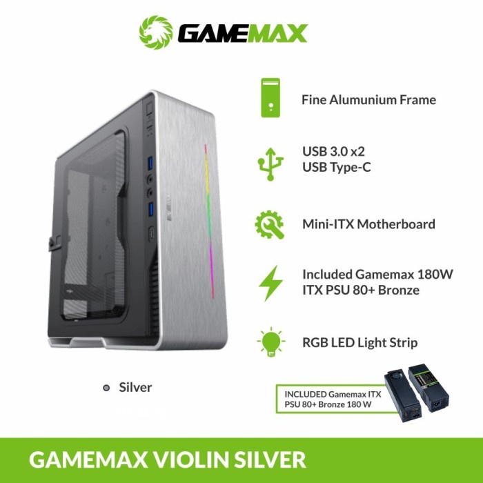 Gamemax Violin Silver Ultra Slim Mini-ITX PC Case with LED Rainbow