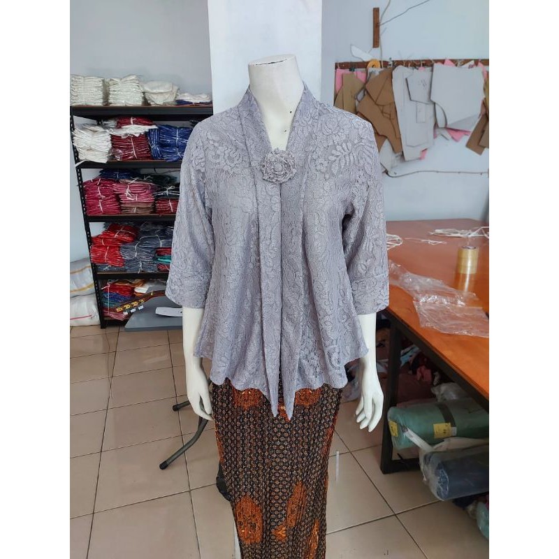 (BrM92/100/110) Kebaya floy BRUKAT glitter 7/8 MANSET std-besar KeroncongBusana-Abu Muda
