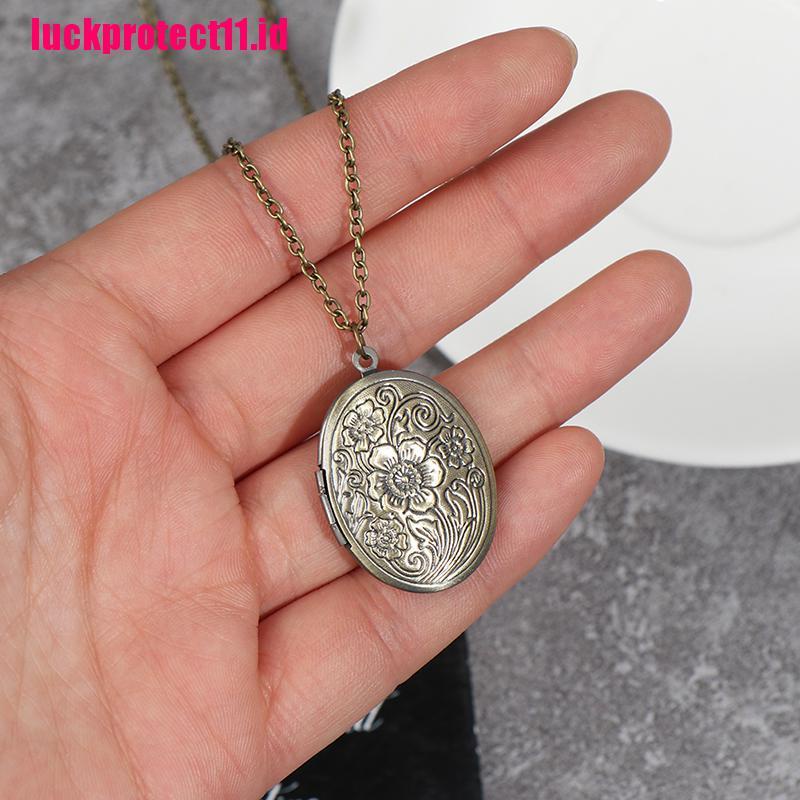 Kalung Rantai Liontin Locket Kuningan Motif Ukiran Bunga Vintage Untuk Wanita