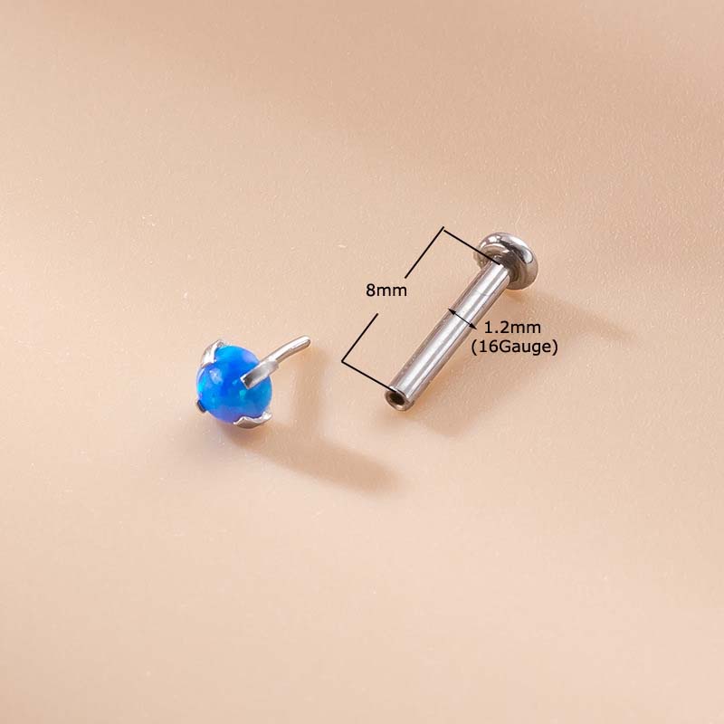 1pc Cincin Tindik Bibir Labret 16Gauge Bahan Stainless Steel Hias Batu Opal 3mm