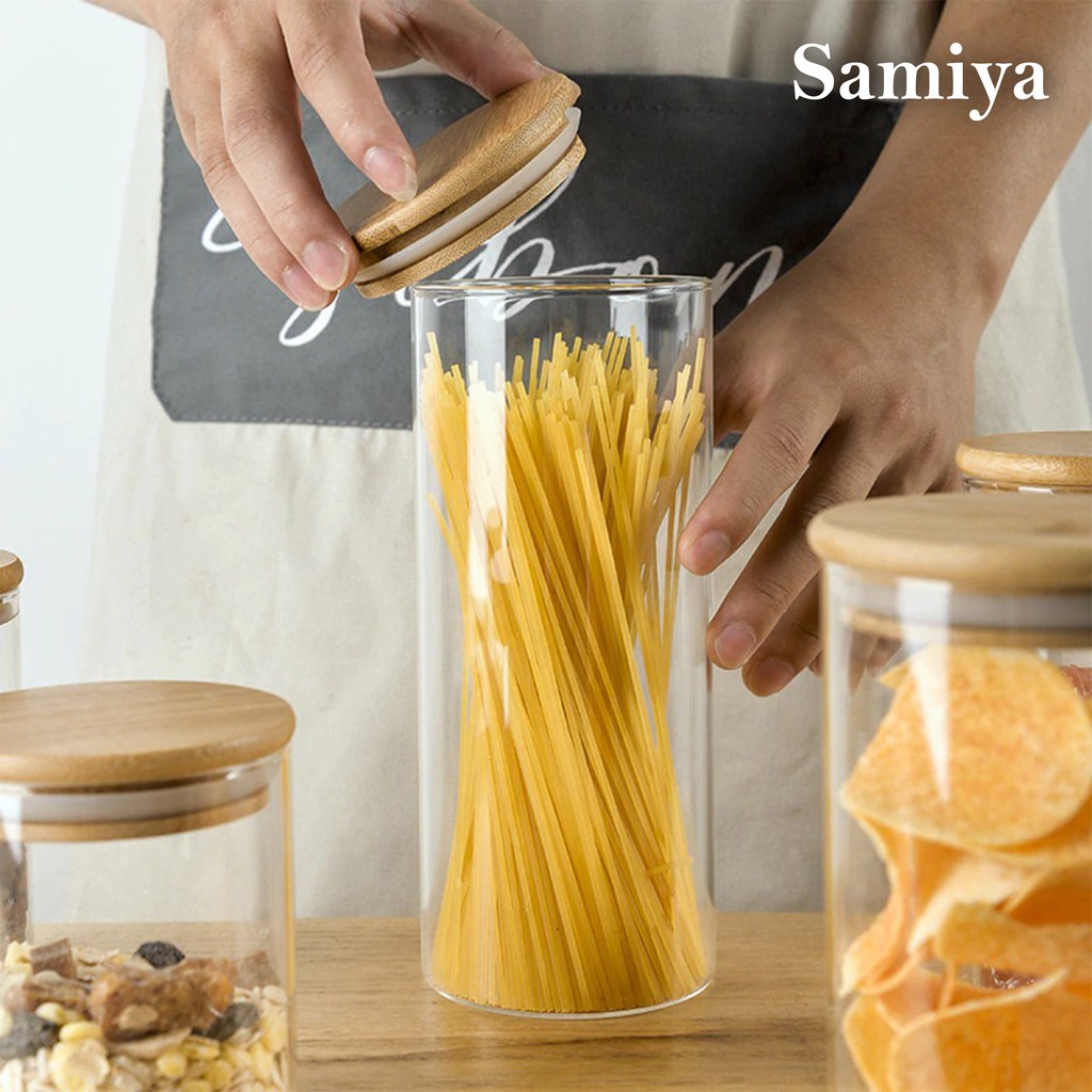 glass storage jar with bamboo lid / toples makanan kaca tutup bambu serbaguna organizer food kitchen