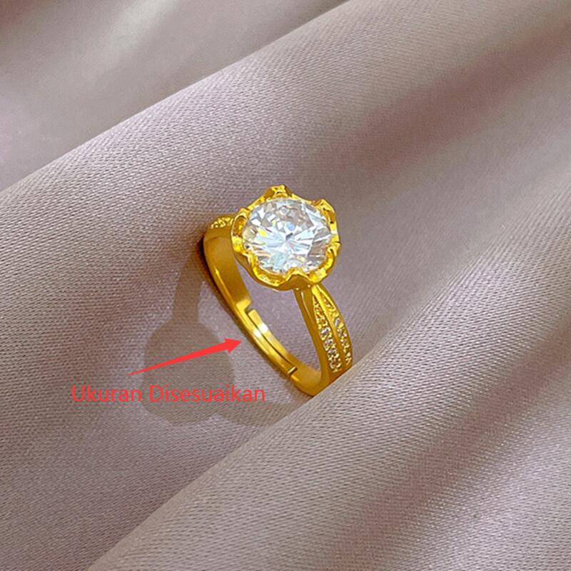 Cincin Titanium Wanita (Terbuka) Bunga Berlian Mewah Emas 18K Anti Karat Perhiasan Korea