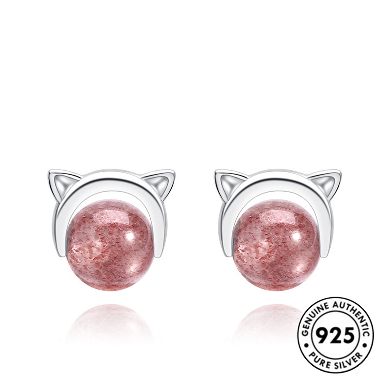 Anting Tusuk Sterling Silver 925 Desain Telinga Kucing Hias Kristal Pink / Merah Untuk Wanita