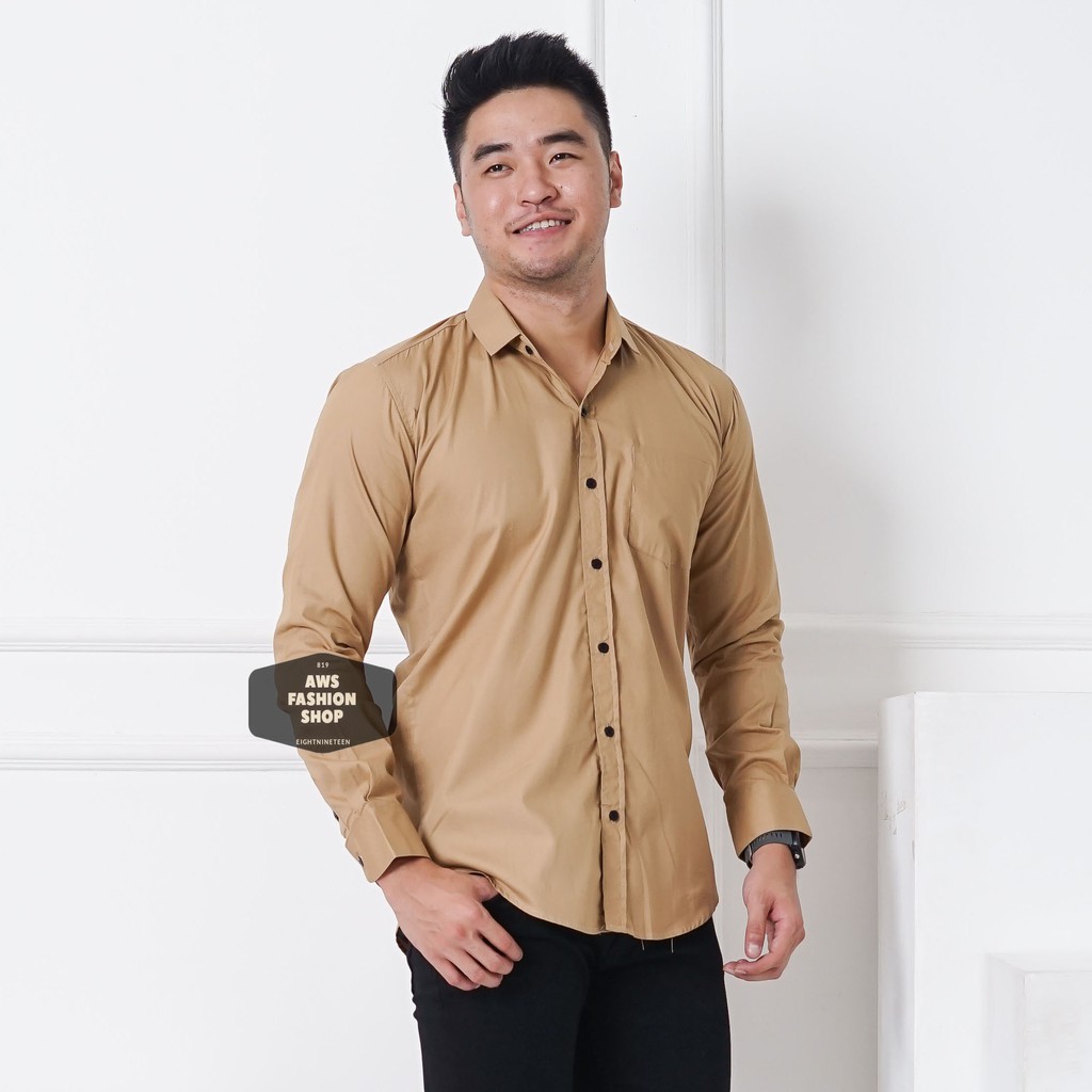 Kemeja Pria Lengan Panjang Polos Khaki Mocca Kemeja Slimfit Kemeja Polos Casual 819 - EightNineTeen