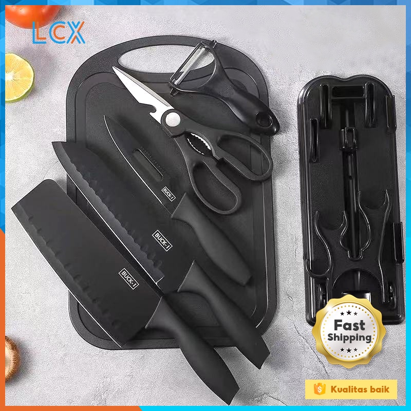 LCX Pisau Talenan Dapur Set Black Set Hitam 7 Piso Dapur Gunting Dapur Import VS-1820