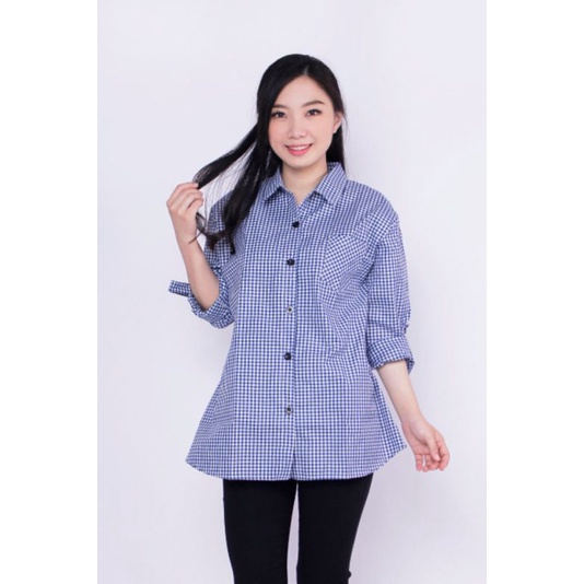 Kemeja Wanita Basic Lengan Panjang Katun Kotak Trendy/ Atas Wanita-5