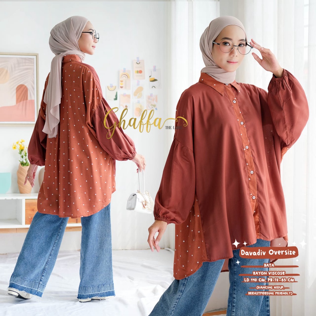 Gaffa Davadiv Oversize Blouse Motif Wanita Kekinian Vintage Rayon Viscose Uniqlo Pastel Solo Lengan 