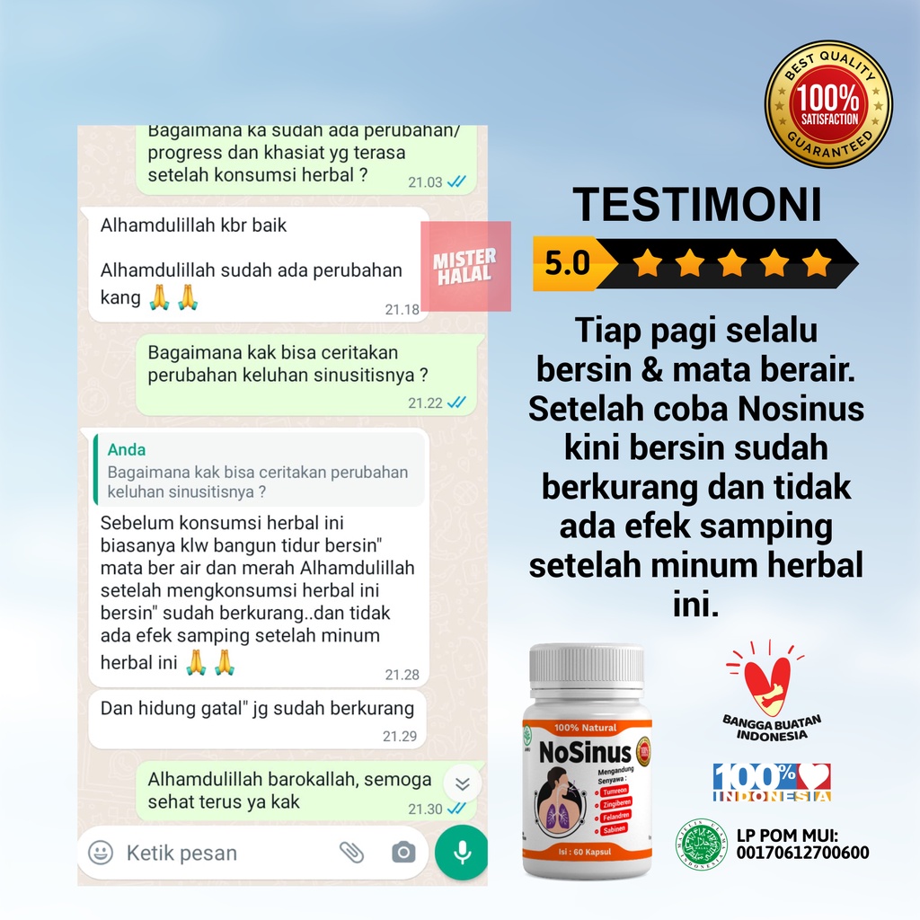 NOSINUS Obat Penyakit Sinusitis 100% Alami, Solusi Sinus, Nyeri Dada, Gangguan Pernapasan, Sakit Tenggorokan, Kapsul Herbal Gurah - Atasi Batuk Berdahak, Tidur Mendengkur / Ngorok