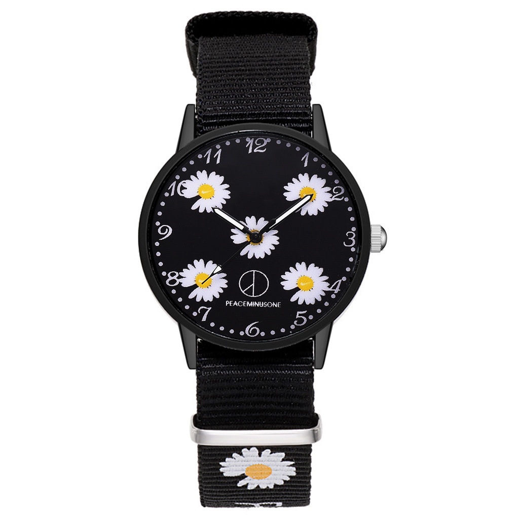 MURMURE.ID | JAM TANGAN ANALOG WANITA MODEL BULAT BUNGA DAISY HITAM IMPORT MURAH FW014-5 BUNGA