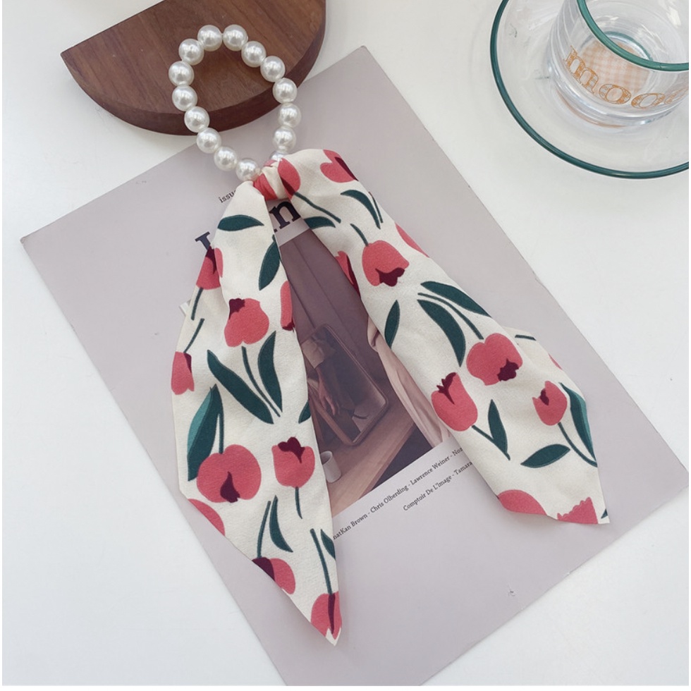 Ikat Rambut Mutiara Aksen Kain Scarf RIbbon Motif Wanita Korea Hair Fashion Aksesoris rambut / Ikat rambut Pita anak dan Dewasa ACC01