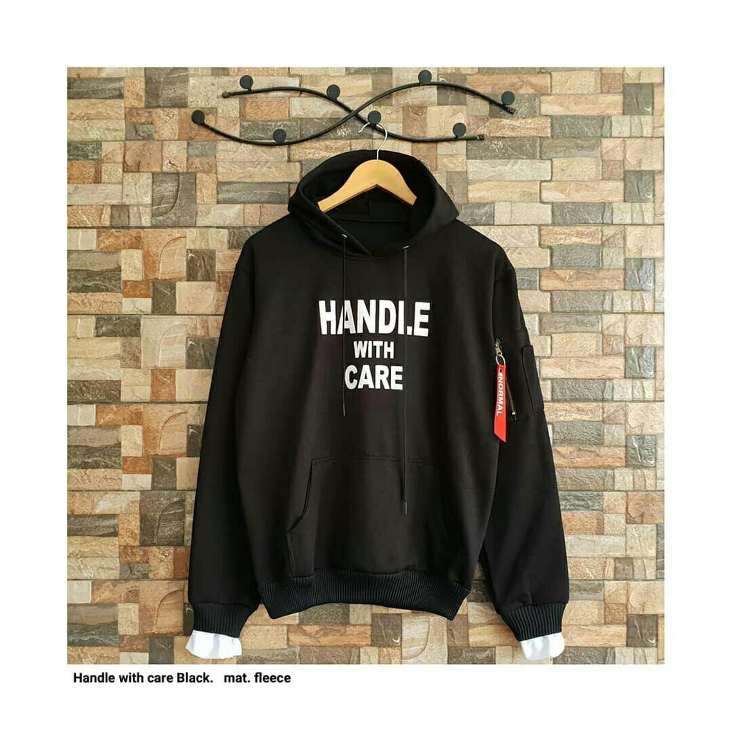 HANDLE WITH CARE HOODIE JUMPER - ATASAN HALUS TEBA TERLARIS