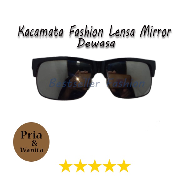 Kaca Mata Pria dan Wanita Santai Gaya Korean Classic Square Sunglasses Anti UV Frame Hitam Kacamata Lensa Silver Mirror UNISEX