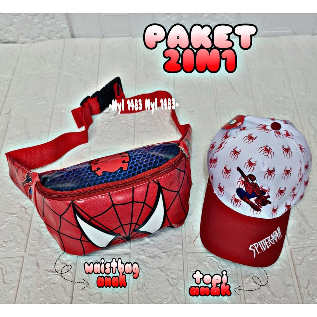 WAISTBAG ANAK LAKI LAKI, PEKET 2 IN 1 WESTBAG ANAK + TOPI ANAK LAKI LAKI SUPERHERO KARAKTER KARTUN