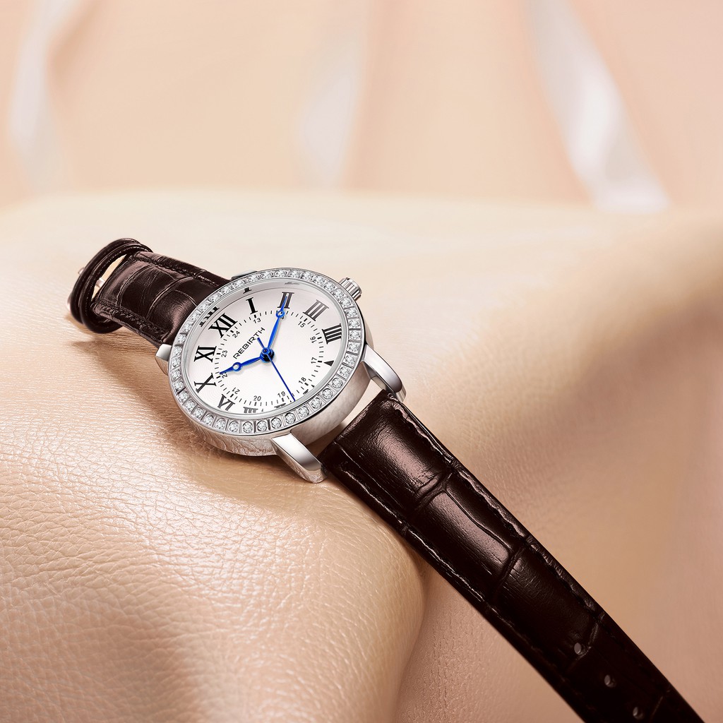 REBIRTH Jam Tangan Wanita Santai Olahraga Roman Dial Tali Kulit Tahan Air Kuarsa Jam Tangan Cewek-2