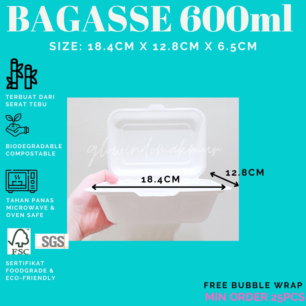 Bagasse Kotak 600ml Lunchbox Takeaway Sugarcane Serat Tebu ECO FRIENDLY