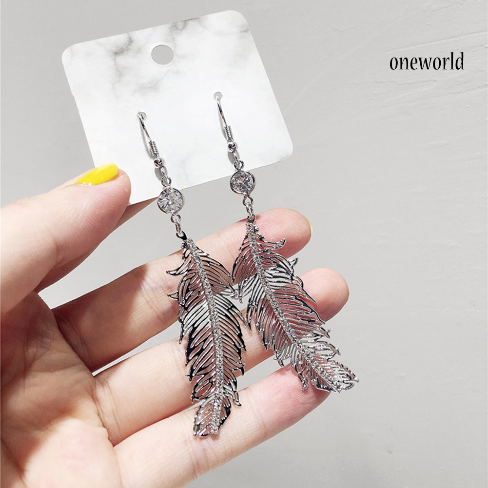 OW@ Hollow Long Feather Drop Rhinestone Metal-encrusted Hook Earrings Women Jewelry