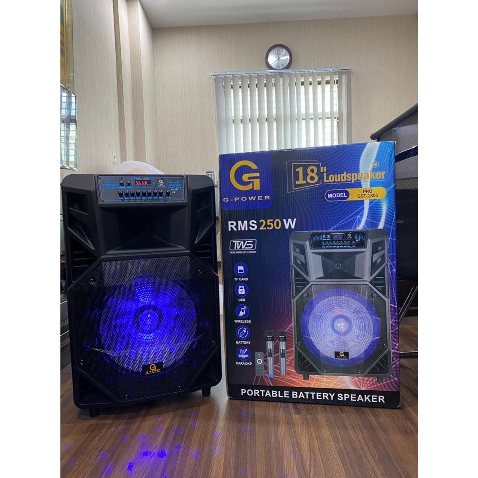 G-POWER PROFESSIONAL PORTABLE SPEAKER GST 1801 PRO 18 INCH  250W GRATIS 2 MIC TANPA KABEL