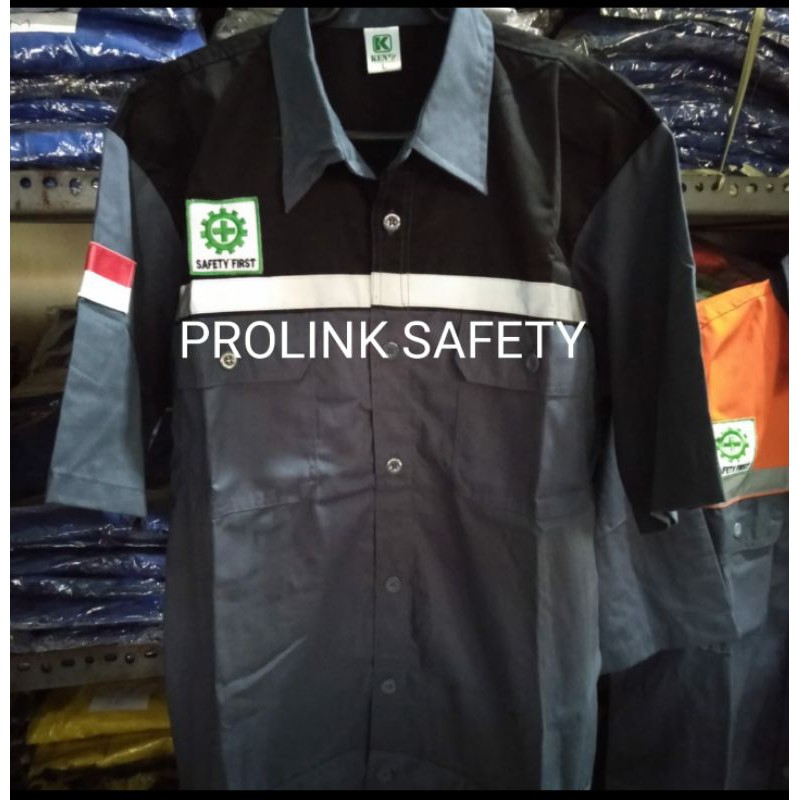 BAJU SAFETY SERAGAM LENGAN PENDEK KANCING ABU HITAM FREE LOGO K3 BENDERA