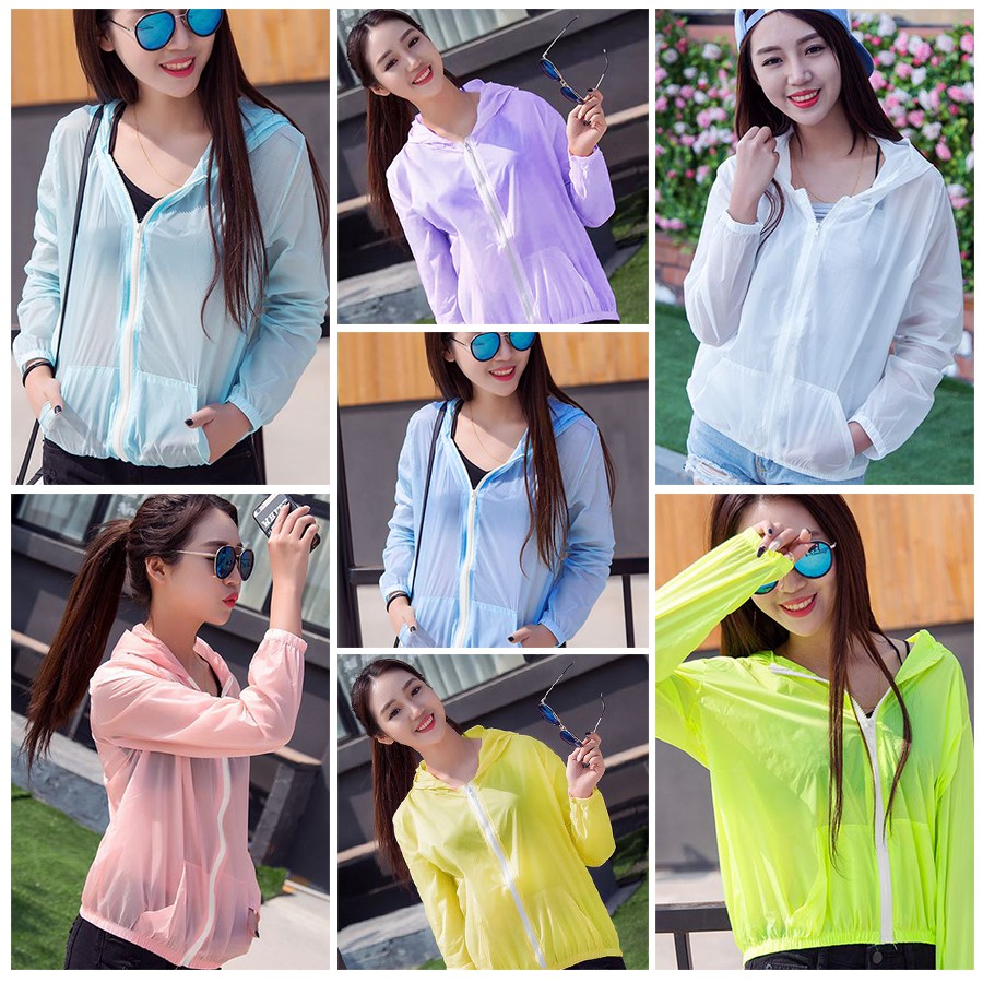 Jaket Hoodie Olahraga Wanita Korea Transparan Bahan Parasut Fashion Sport