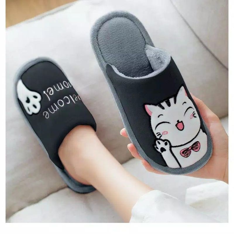 Sandal Rumah Hotel Empuk Nyaman Indoor Halus Motif Kucing lucu Garis Slipper