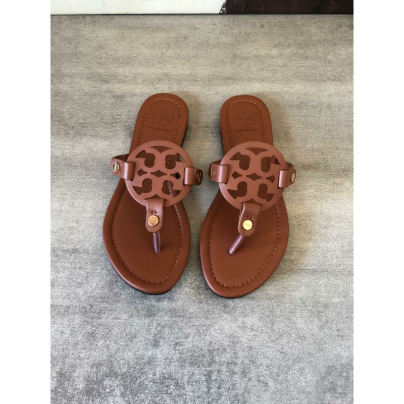 TB Miller Flat Leather Logo Slide Sandals Brown