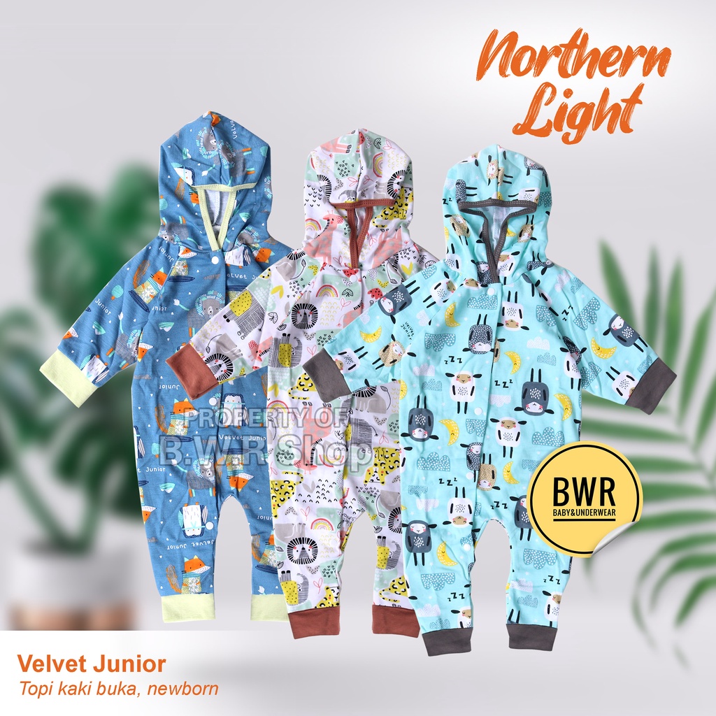 TBK Jumsuit Velvet Junior NORTHERN LIGHT Terbaru / Sleepsuit Bayi Newborn Jumper Topi Panjang Buka Kaki | Bwr