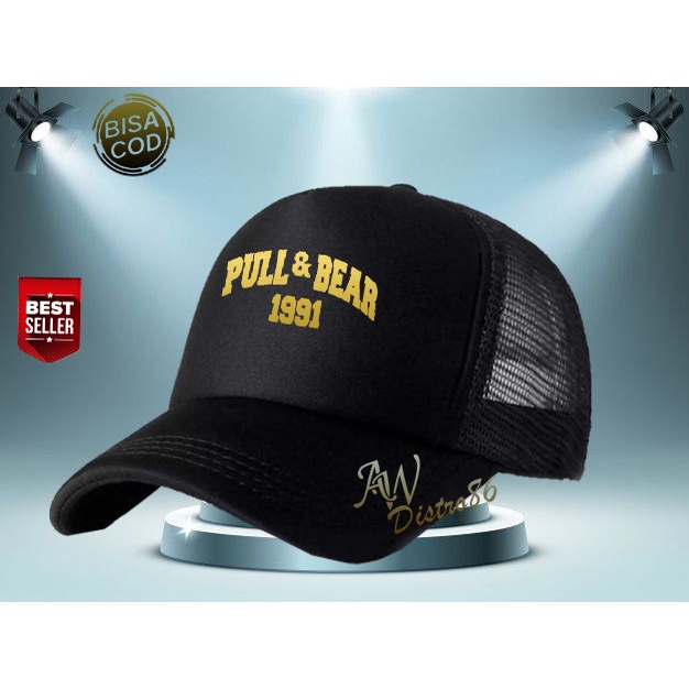 PROMO Topi Distro Pull&amp;Bear 1991 Text Gold Premuim Quality Topi Trucker Keren Murah Banyak Di Cari Cowok &amp; Cewek Topi Kata Kata Sablon