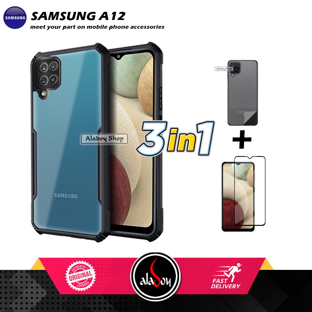 Case SAMSUNG A12 Armor Fushion Transparent Casing + Tempered Glass Full Layar dan Skin Carbon