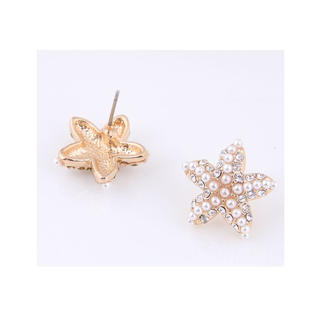 LRC Anting Tusuk Fashion White Flash Diamond Pearl Starfish Earrings A58819