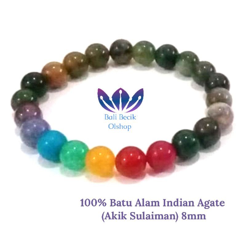 Gelang Batu Natural 7 Cakra Chakra Asli & Batu Alam Indian Agate / Akik Sulaiman 8mm