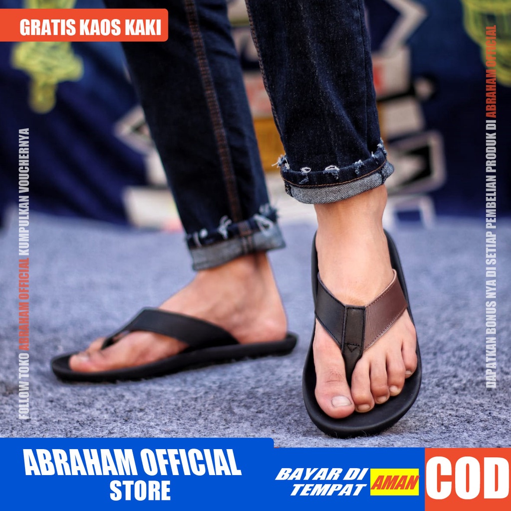 ABRHM X JAVIT Sandal Jepit Pria Sandal Pria Kulit Asli Sendal Cowok Keren Sandal Cowo Kekinian Ori