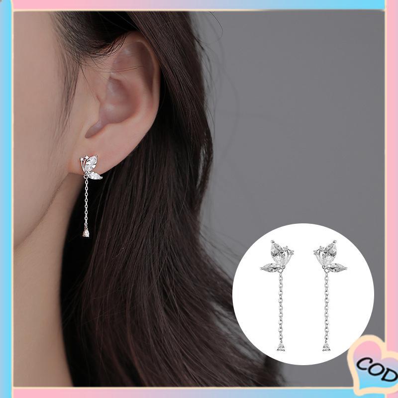 COD❤️ Anting Kupu-kupu Rumbai Drop Earrings Retro French Temperamen Indah Flash Diamond Earrings-A.one