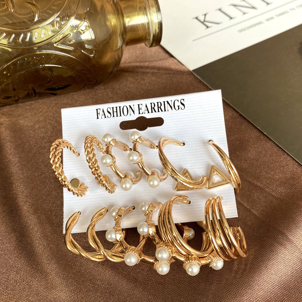 Anting Set Tusuk Korea 9 Pasang Mutiara Diamond Segitiga Hoop Lingkaran Untuk Wanita Dalika