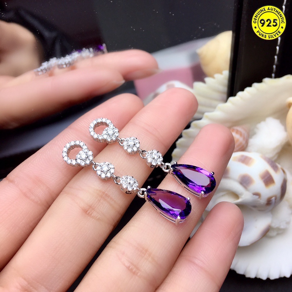 Anting Giwang Panjang Mewah Dengan Amethyst + Berlian Imitasi Untuk Wanita