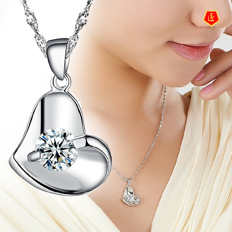 [Ready Stock]Heart-Shaped Diamond Necklace Silver Ladies Korean Fashion Gift