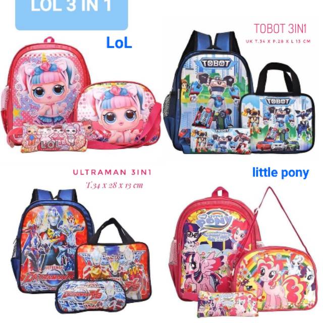 TAS RANSEL ANAK LAKI PEREMPUAN SET 3IN1 LOL TOBOT LITTLE PONY ULTRAMAN NIQABIS