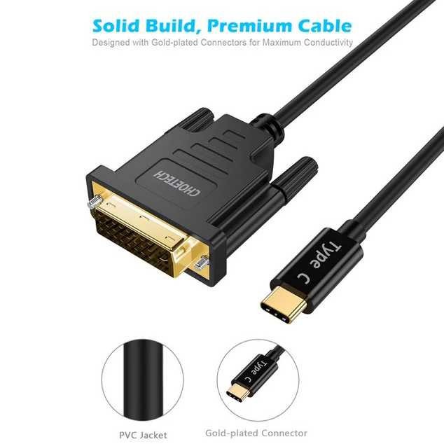 Usb3.1 Type-c thunderbolt to Dvi-d 24+1 cable choetech 1.8m 4k 30hz gold xcd-0018 - Kabel Usb-c to dvi 24-1 1.8 meter xcd0018