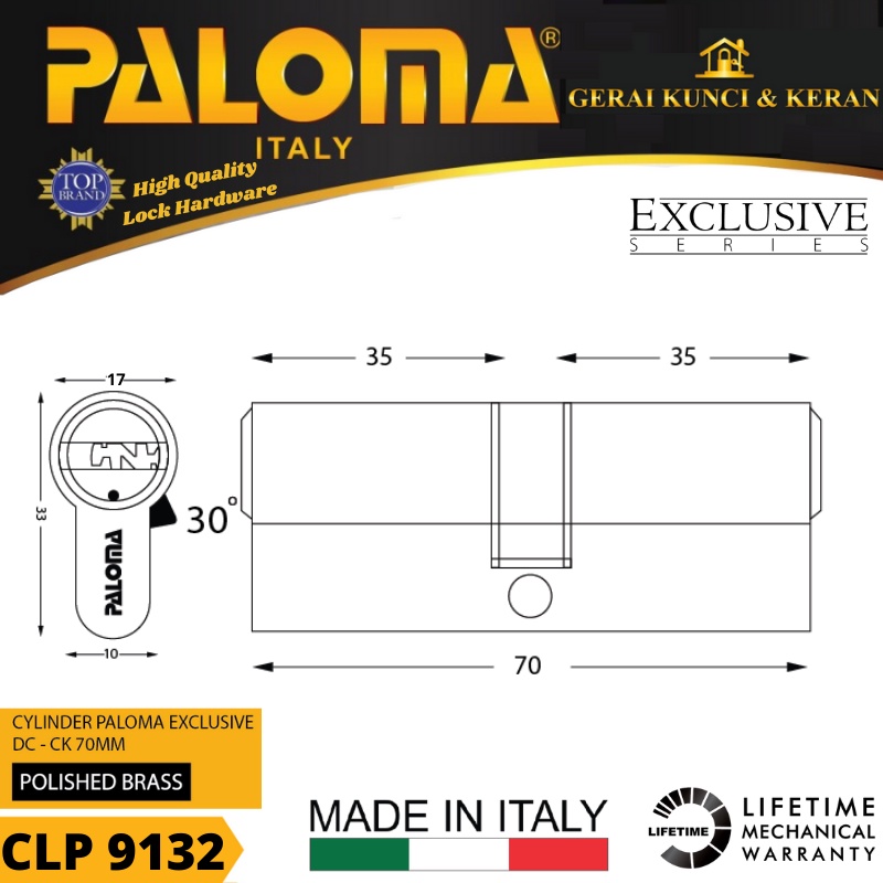 PALOMA CLP 9132 CYLINDER ITALY 70 MM EXCLUSIVE KUNCI PINTU GOLD POLISHED BRASS