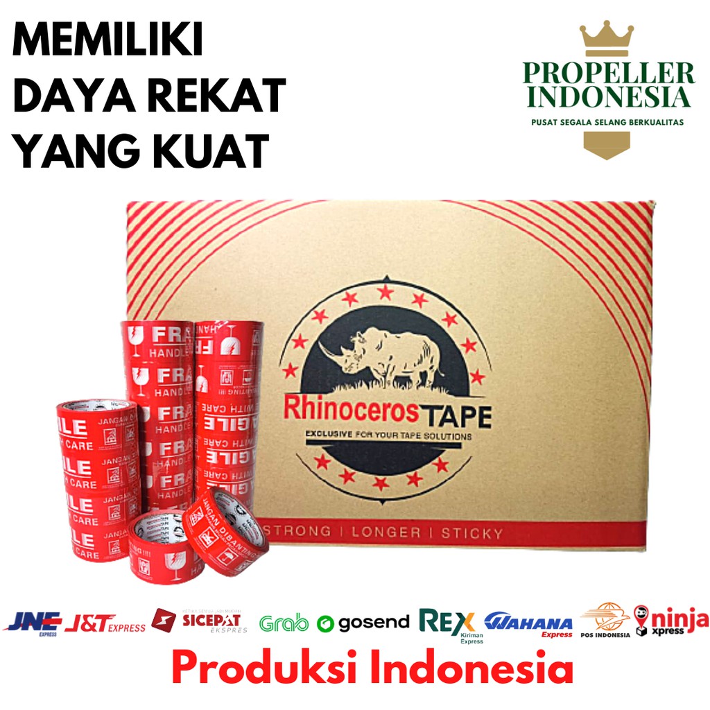 Lakban Fragile RHINOCEROS Tape Selotip Solasi 48MMx50YARD@72Pcs PerDus