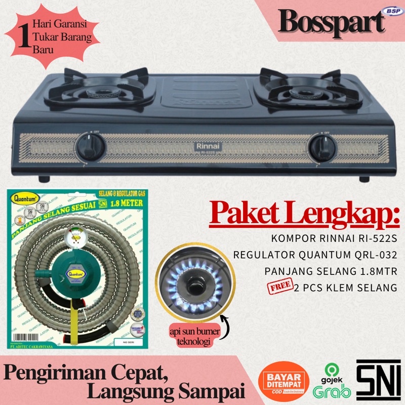 Paket Kompor Gas Rinnai 2 Tungku RI-522S bonus selang regulator Quantum