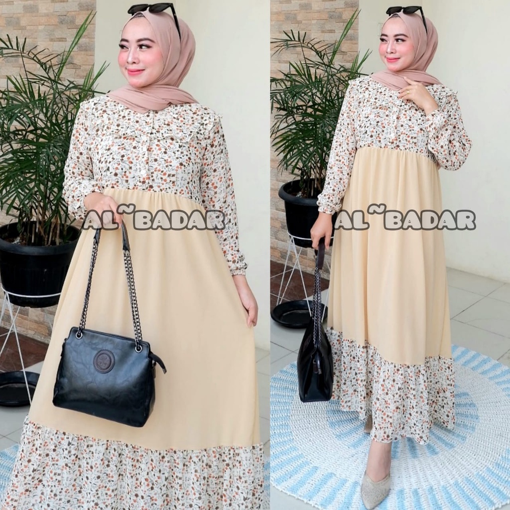 [ BISA COD ] GAMIS CERUTY BABYDOLL MOTIF KOMBINASI POLOS MIX KANCING FRIEANDLY BUSUI KERAH KOREA,DRESS CERUTY BABYDOLL MIX KERAH KOREA MODEL TERBARU BY AL BADAR