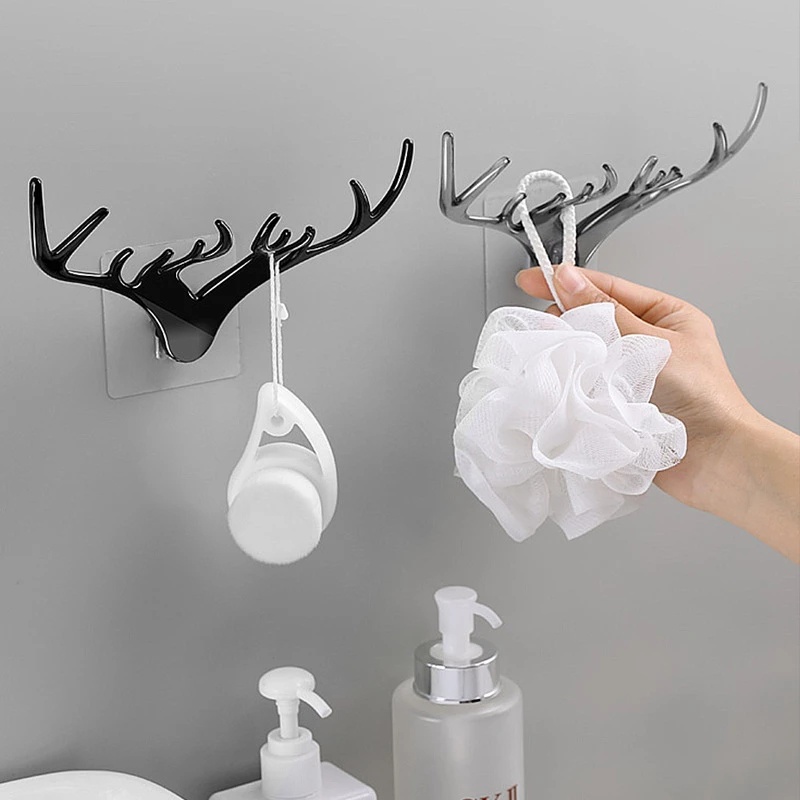 Creative Deer Head Wall Hanging Hook/ Vintage Deer Head Antlers Self Adhesive Rack for Clothes Hat Scarf Key Ring Necklace/Nail-Free Space Saving Storage Rack /Home Office Multifunction Wall Racks