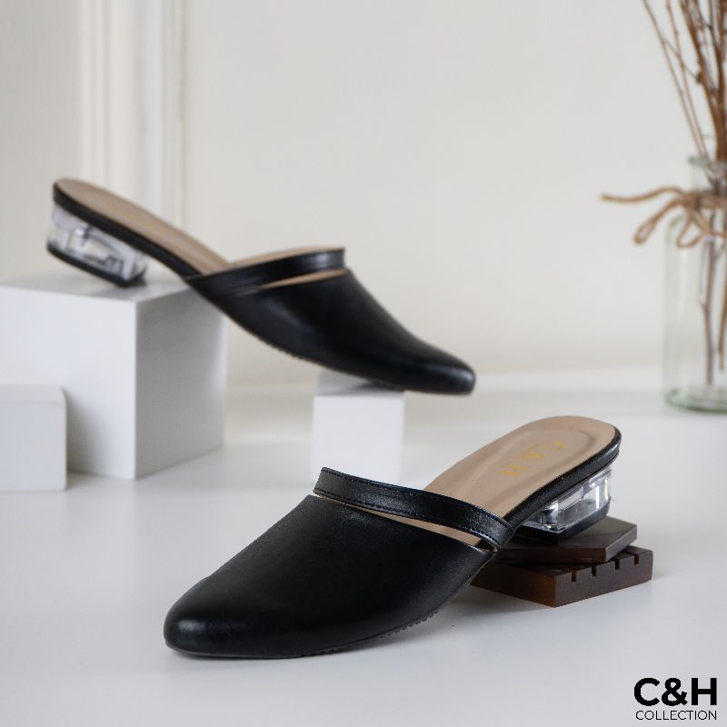 Sandal slop mules wanita heels adelina hak kaca 3cm