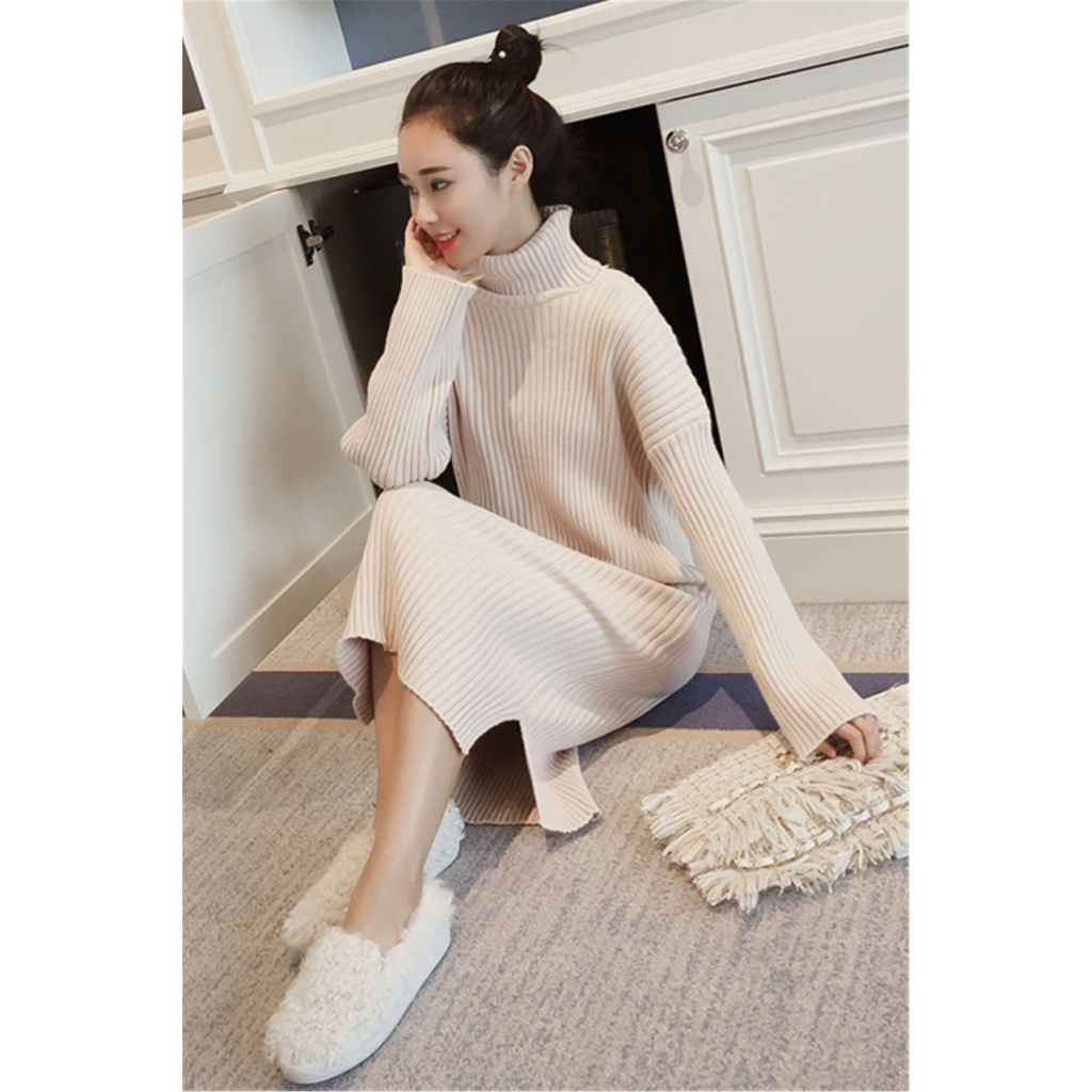 Gaun Rajutan Kerah Tinggi Rok Sweater Di Bawah Lutut Versi Korea Model Baru Musim Gugur Musim Dingin