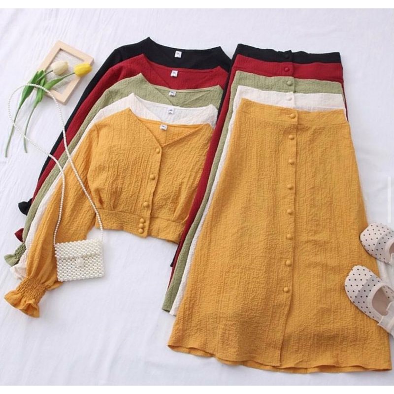 SELBI ONESET SETELAN ROK + BLOUSE KOREAN STYLE BUBBLE CREPE PREMIUM