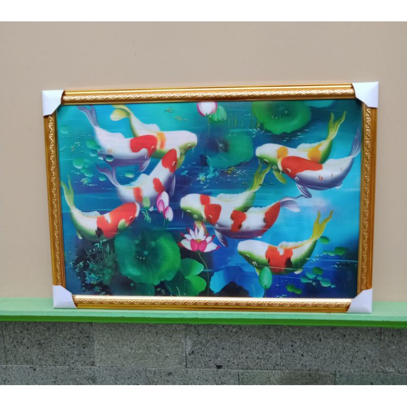 1 set lukisan 3 dimensi ikan Koi dan bingkai 40x60cm
