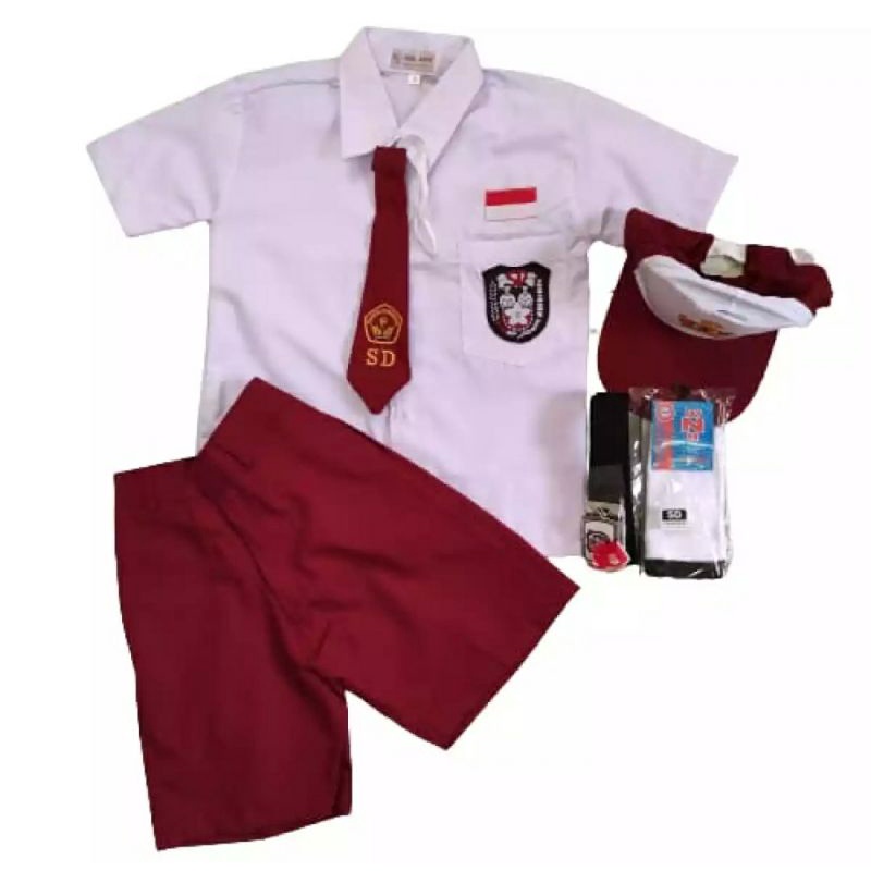 Setelan Seragam Sekolah Merah Putih SD Laki Laki Super Lengkap Kelas 1 sampai 6-Merah putih