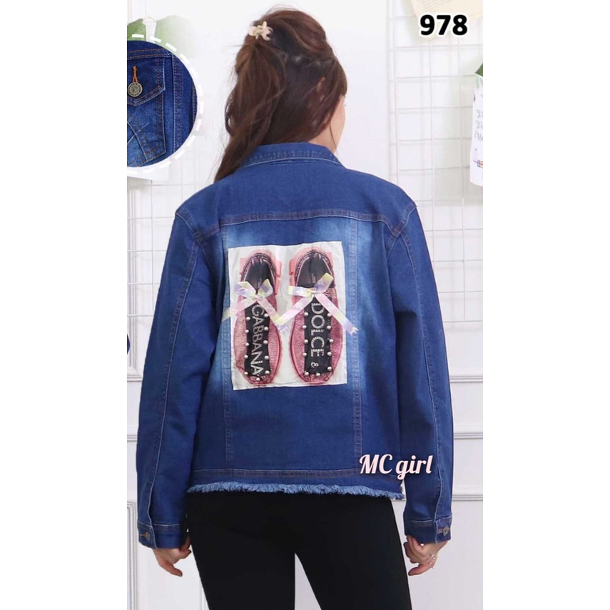 MC girl - Jaket Jeans Rumbai Gambar Sepatu 3D Wanita / Jacket Lepis Rawis Gambar Pita Belakang Sequin Cewek / Jaket Denim Biru Tua Size XXL