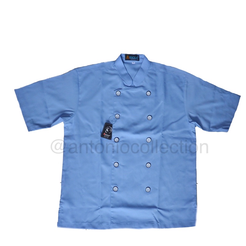 Baju Koki / Chef Putih Lengan Pendek List Hitam-Biru Muda
