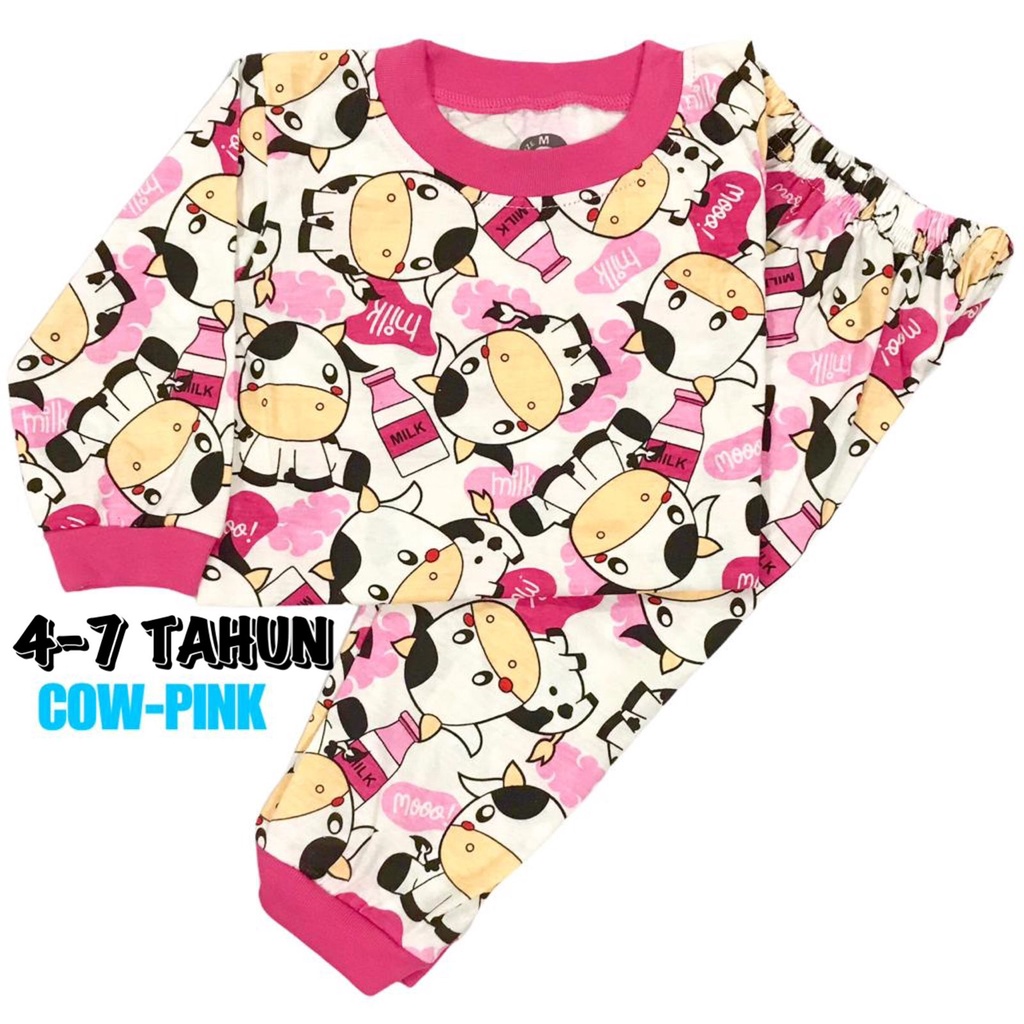 (1 KG MUAT 6 STEL) BAJU TIDUR ANAK KIDS PEREMPUAN/CEWEK SETELAN BAHAN KAOS KATUN 4-7 TAHUN SAPI/COW/MOO